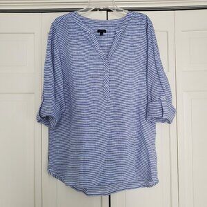 Talbots Linen Band Collar Popover Sweet Stripe Size XL
